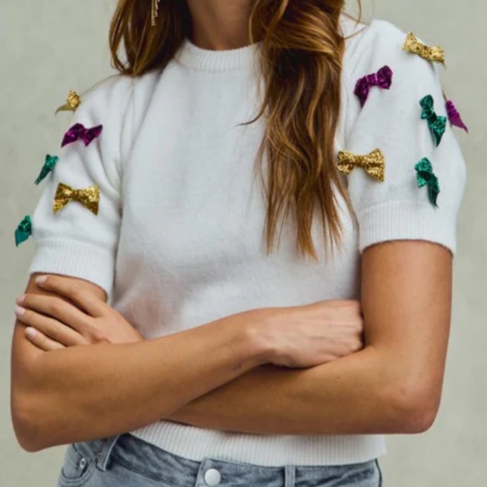 Mardi Gras Puff Sleeve Bow Top